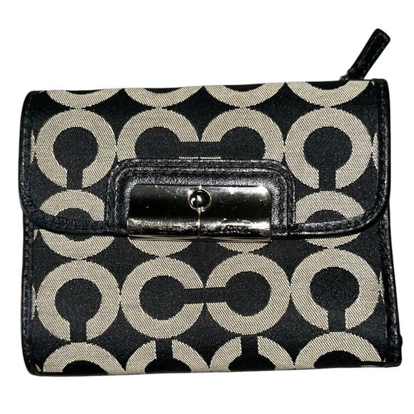 Coach Signature Kristi Op Art Canvas Black & Tan Billfold Wallet - Picture 1 of 8